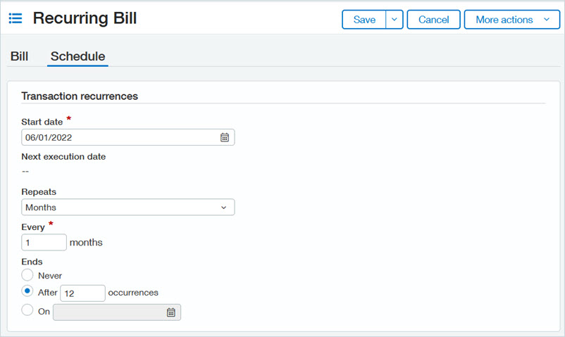 The Schedule tab of a Recurring Bill page.