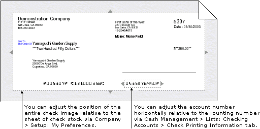 An example of adjusting the position of a check image and the account number.