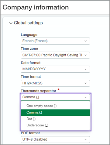 Thousands separator options on the Company Information page.