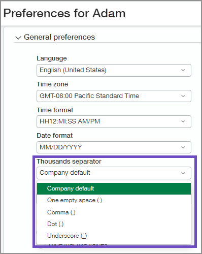 Thousand separators options available on the My preferences page.