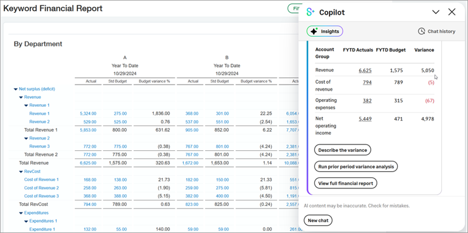 Shows an example of a financial report that was opened using the View full financial report suggested prompt.