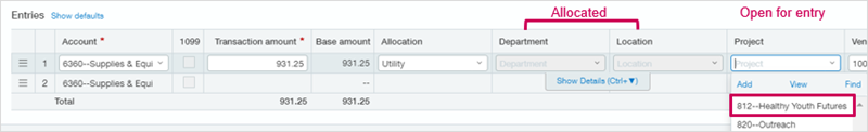 Allocated entry for department and location, showing where you specify a project.