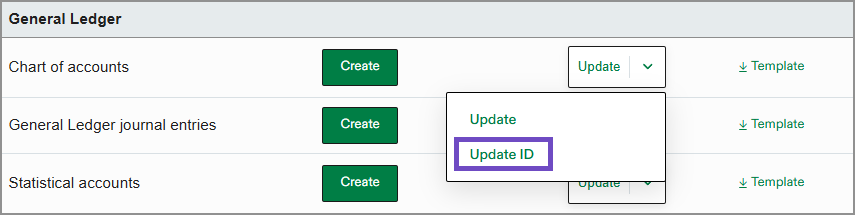 Chart of accounts update area showing how you can select Update ID from the Update dropdown list. 