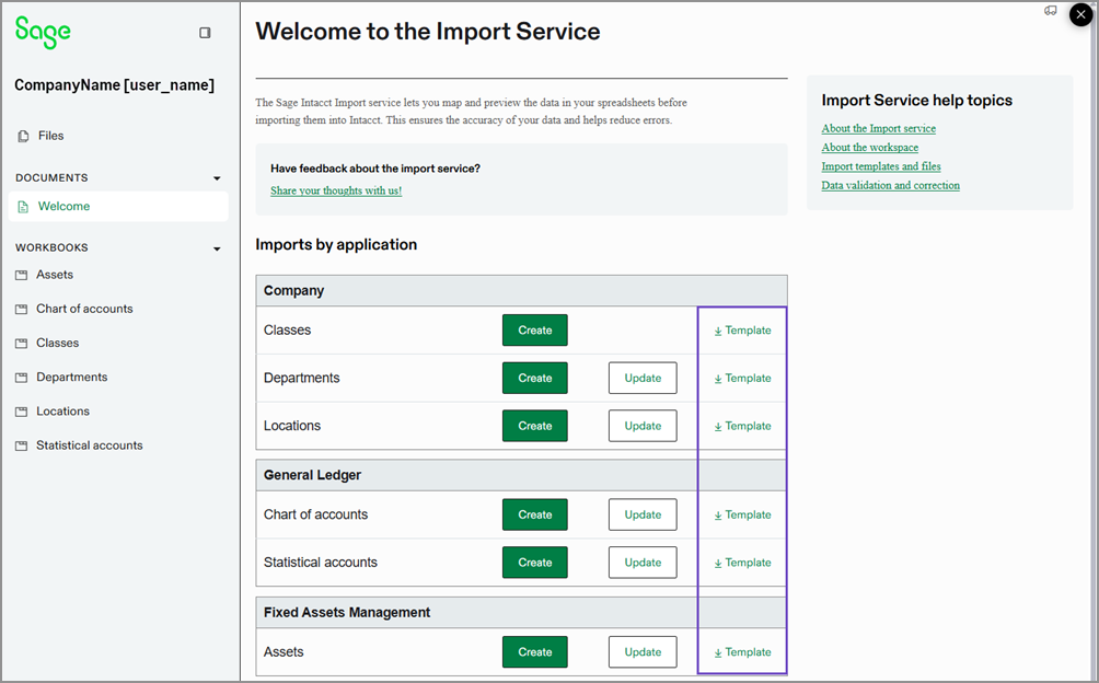 Import service welcome page with a list of available templates.