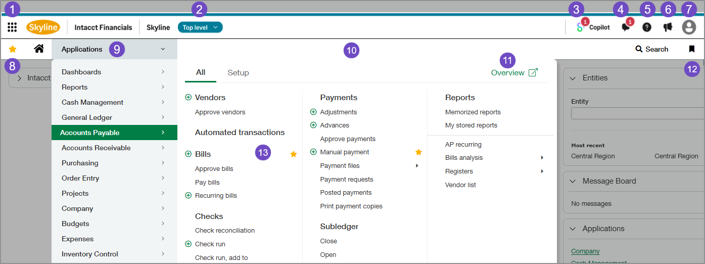 Application menu with navigation features defined.