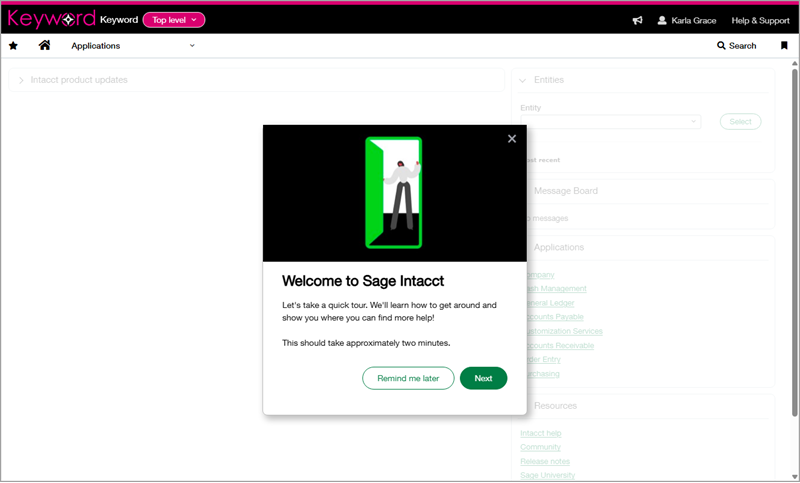 Welcome to Sage Intacct popup window.