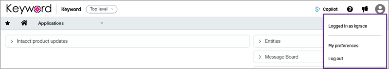 At the top-right of a page, a login name and my preferences are selected.