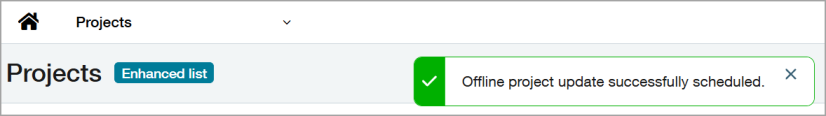A successful offline project status update notification displayed at the top of the page.