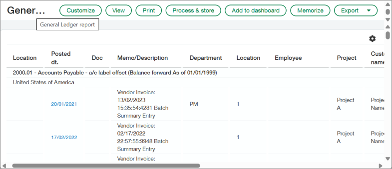 General Ledger report data for United States of America All Payables.