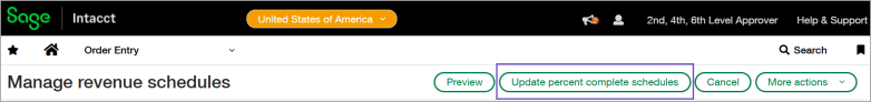 Manage revenue schedules Manage revenue schedules page with the Update percent complete schedules button highlighted at the top of the page.