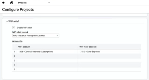 Configure Projects showing WIP relief section