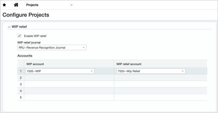 Configure Projects showing WIP relief section