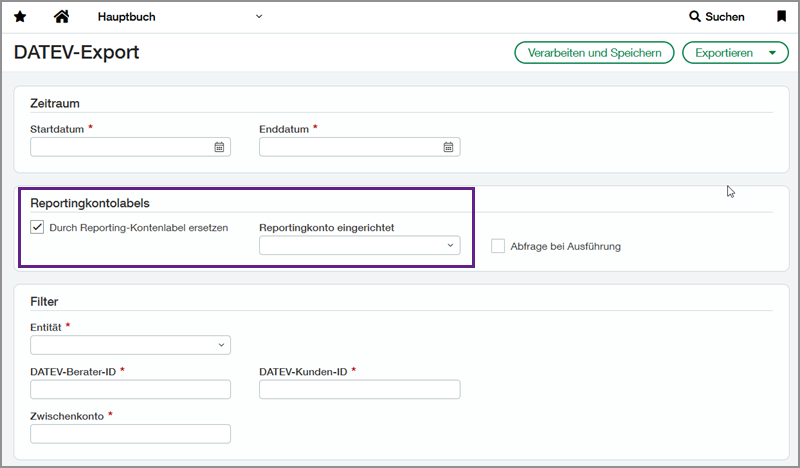 Screenshot of the DATEV export page with Reporting accounts labels section highlighted in a purple box.