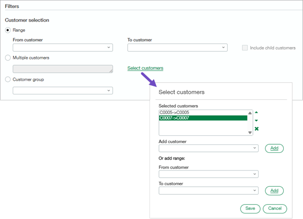 The Select customers option opens a popup window where you can select customers individually or within ranges.