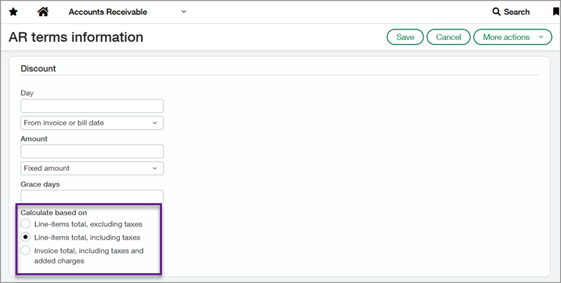 Screenshot of the Discount section of the AR terms information setup page with a callout box around the calculation method radio buttons.