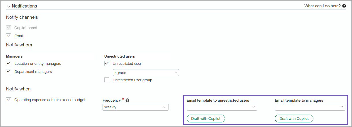 Notifications section of the Configure Copilot Variance Analysis page. The email template fields and Draft with Copilot buttons are highlighted. 
