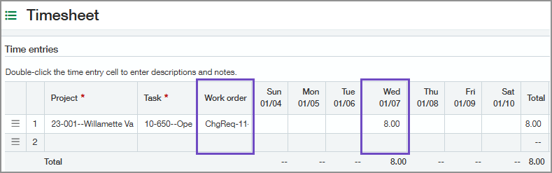 Timesheet page showing work order hours