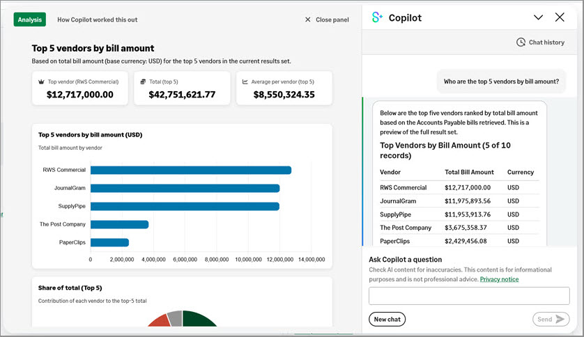 Example of the Finance Intelligence agent in Sage Copilot.
