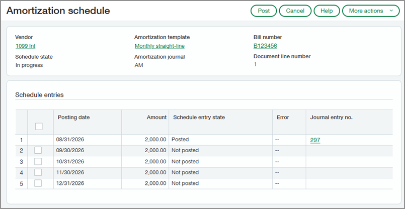 Amortization schedule with one entry posted.